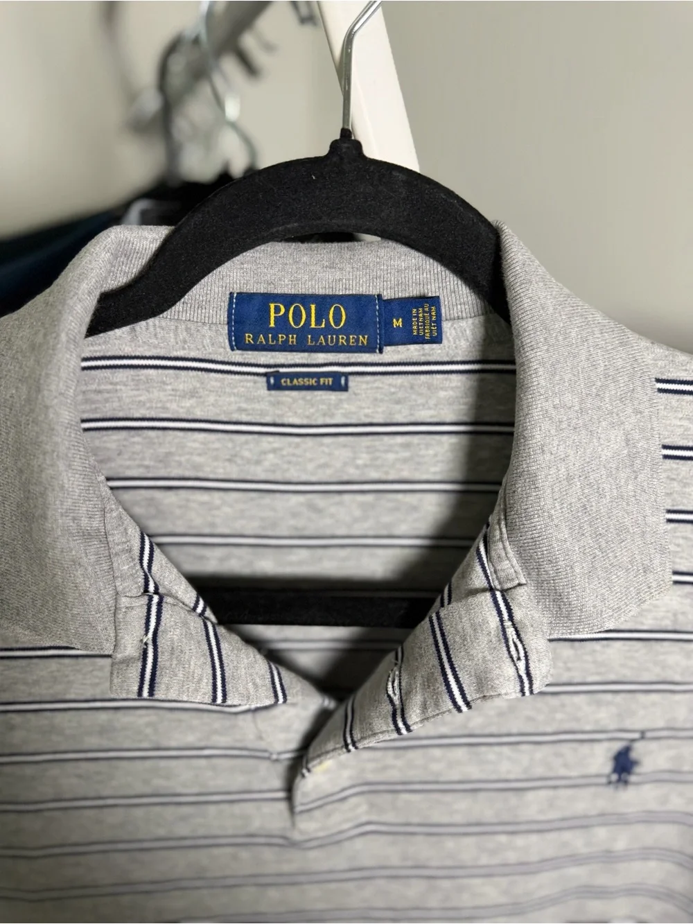 Ralph Lauren Light Gray Polo with Navy Stripes